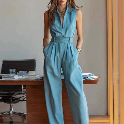 Office Chic Minimalist Stand-up Collar Sleeveless Jumpsuit