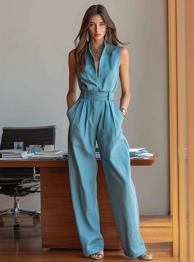 Office Chic Minimalist Stand-up Collar Sleeveless Jumpsuit