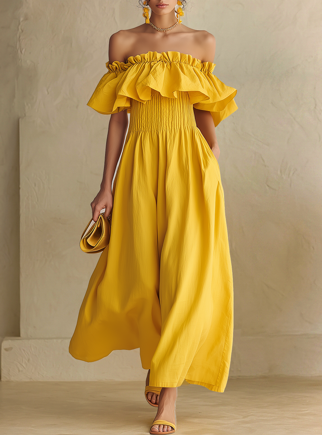 Stylish Yellow Off-Shoulder  Ruffles Ruched Waist Cotton-Linen Maxi Dress