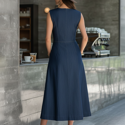 Retro Elegant Round Neck Sleeveless Zip-front Maxi Denim Dress