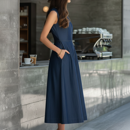 Retro Elegant Round Neck Sleeveless Zip-front Maxi Denim Dress