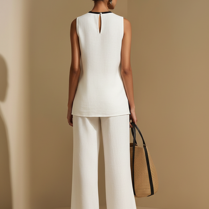 Retro-elegant Color-blocked Trim Cotton-linen Top And Wide-leg Pants Set