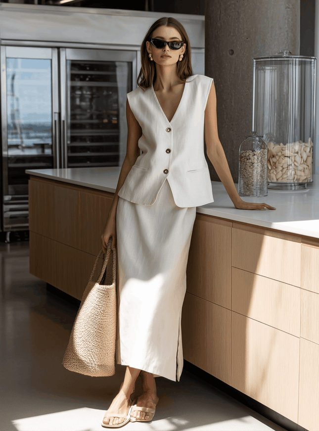 Casual White Cotton Linen Sleeveless V-Neck Top And Skirt Set