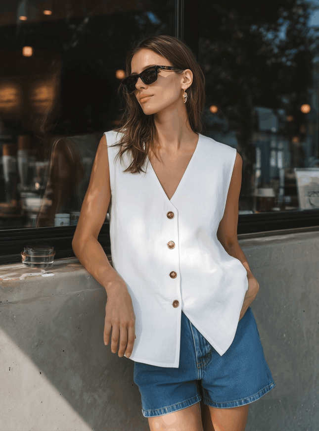 Casual White Cotton Linen V-Neck Button Front Sleeveless Top