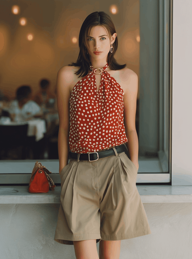 Elegant Red Polka Dot Chiffon Sleeveless Top And Brown Shorts Set