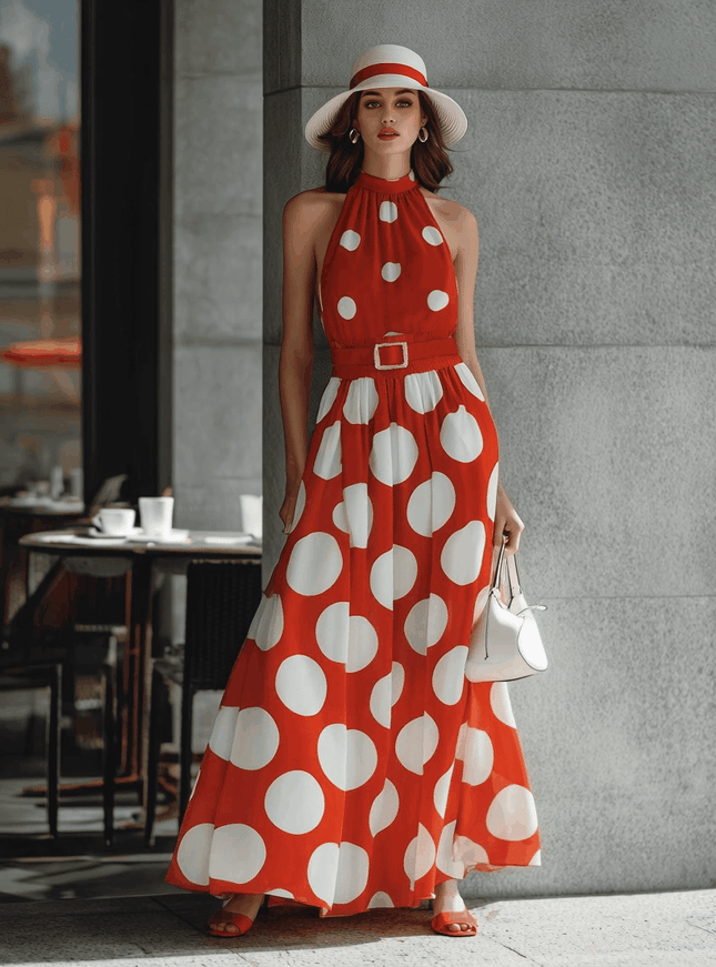 Urban Quiet Luxury Red Chiffon Sleeveless With White Polka Dots Maxi Dress
