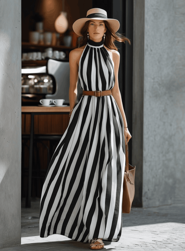 Retro-style Relaxed Color-blocked Striped Halter Neck Dress