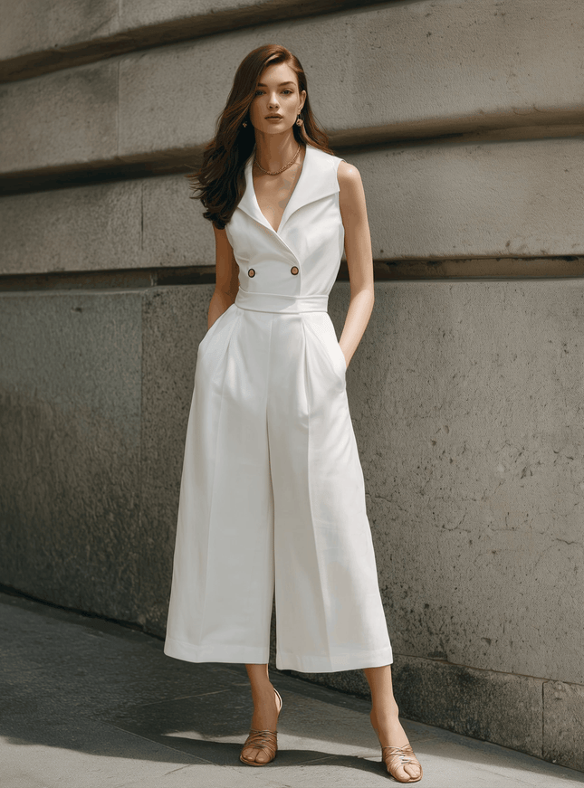 Minimalist Urban Commute Style White Sleeveless Collared Loose Fit Jumpsuit