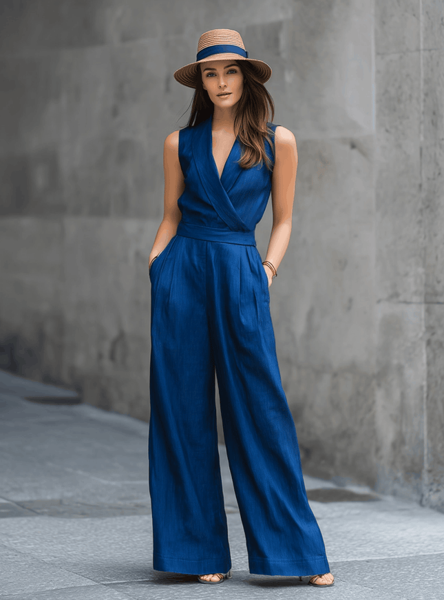 Urban Quiet Luxury Blue Denim Sleeveless Loose Fit Jumpsuit