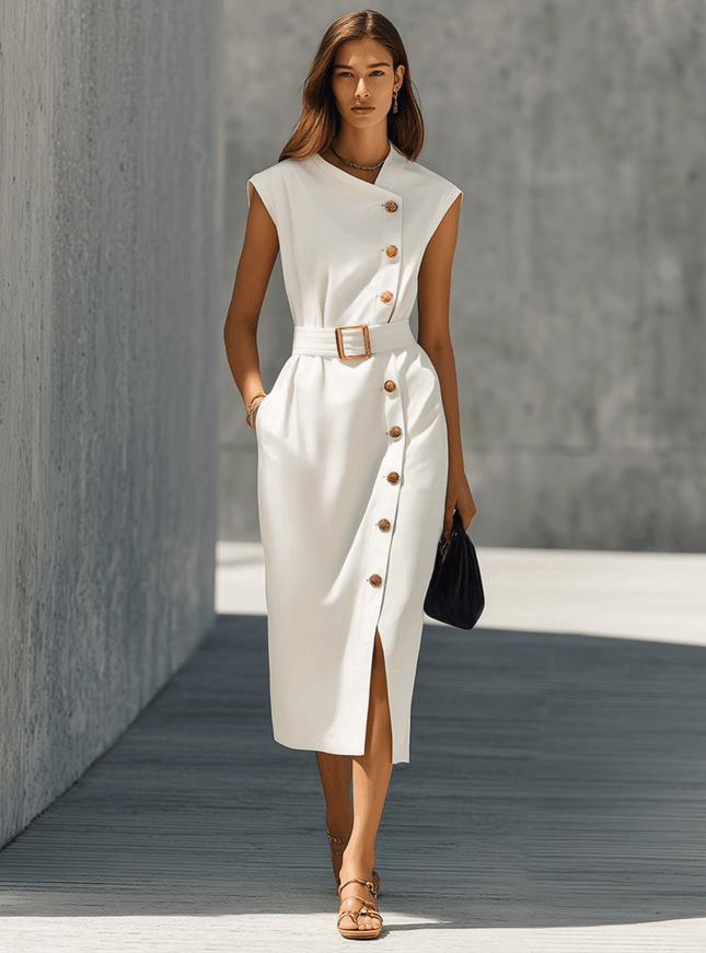 Stylish White Asymmetrical Placket Decorative Metal Buttons Self-Fabric Belt Side Slits Cotton Midi Dress
