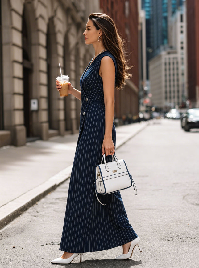 Chic And Understated Navy Blue Pinstriped V-neck Sleeveless Maxi Dress