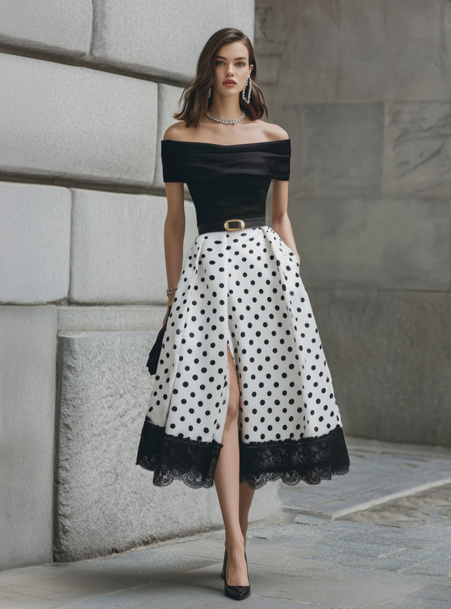 Elegant Urban Retro Off-shoulder Polka Dot Midi Dress