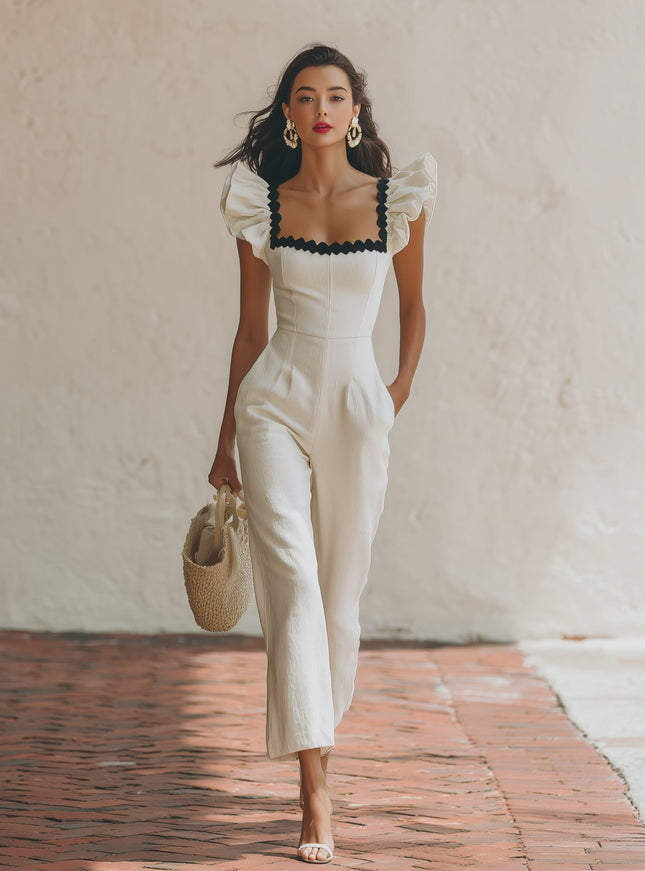 Elegant Retro Color-blocked Square Neck Cotton-linen Jumpsuit