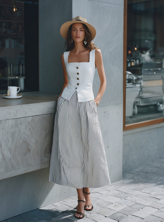 Elegant Retro Square Neck Vest And Striped Skirt Set