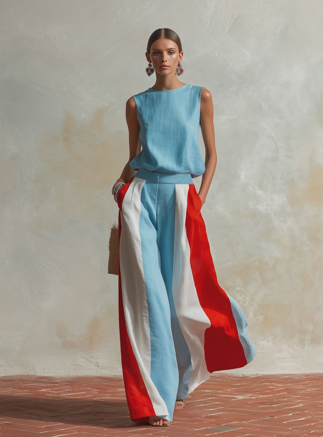 Retro Boat Neck Sleeveless Top And Color-blocked Wide-leg Pants Set