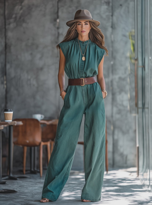 Retro-chic Distressed Round Neck Sleeveless Denim Jumpsuit