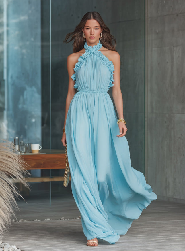 Elegant High-quality Ruffled Halter Neck Chiffon Maxi Dress