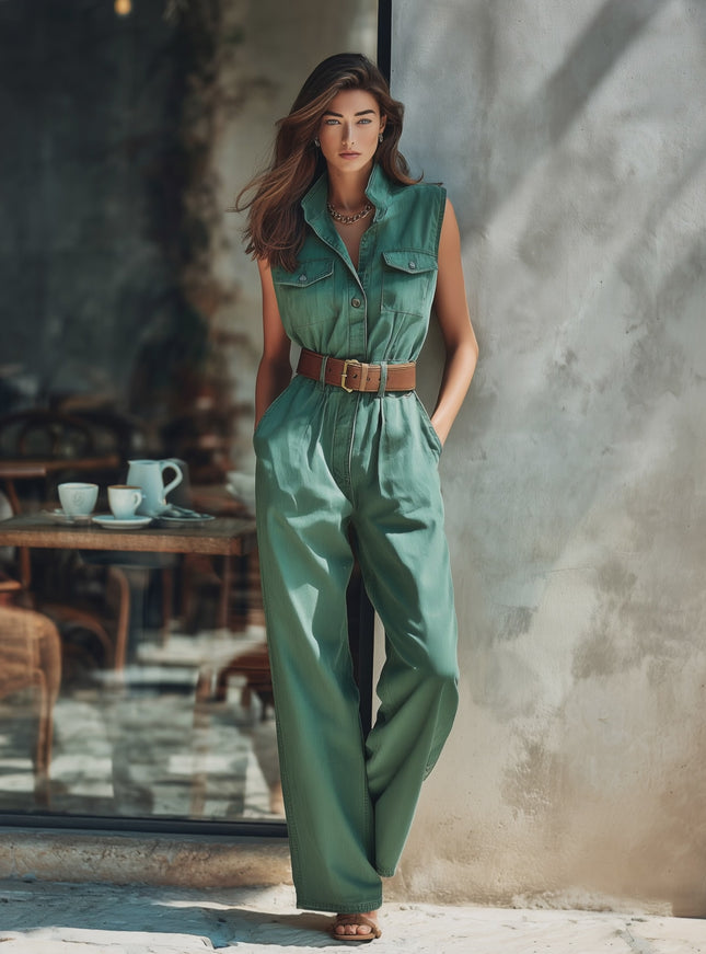 Trendy Retro Distressed Stand-up Collar Sleeveless Denim Jumpsuit