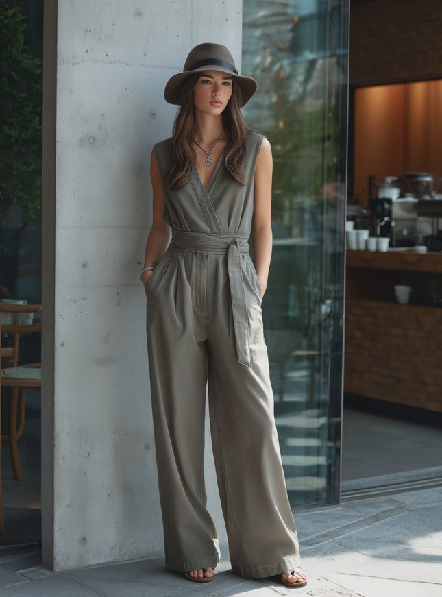 Retro-chic Crossover V-neck Sleeveless Denim Jumpsuit