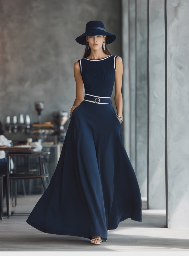 Elegant Retro Boat Neck Contrasting Trim Sleeveless Maxi Dress