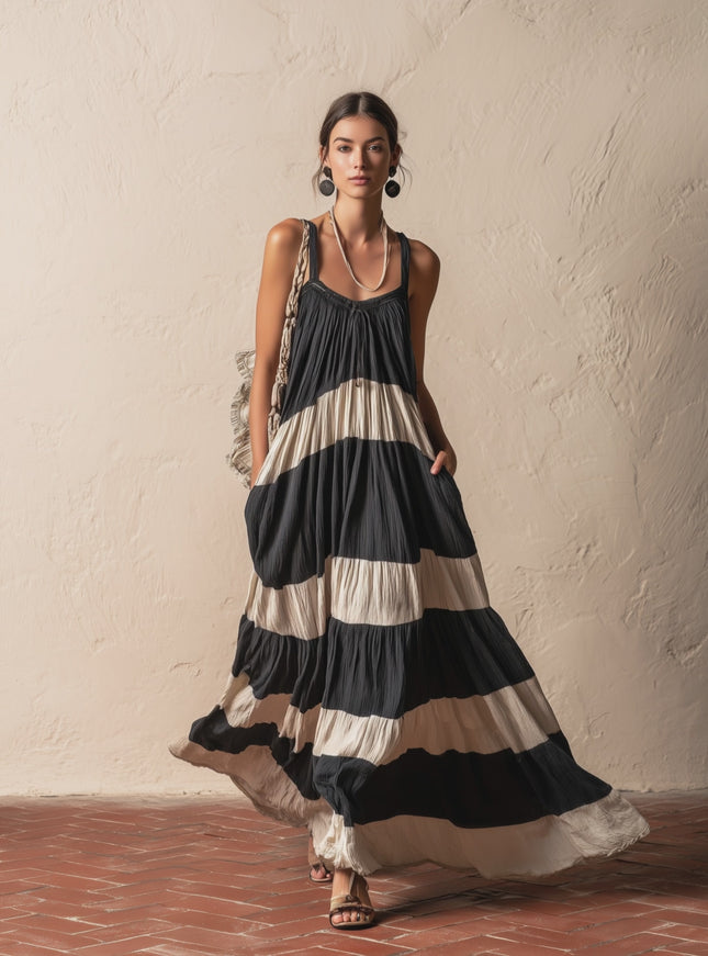 Retro Bohemian Color Block Cotton Linen Dress