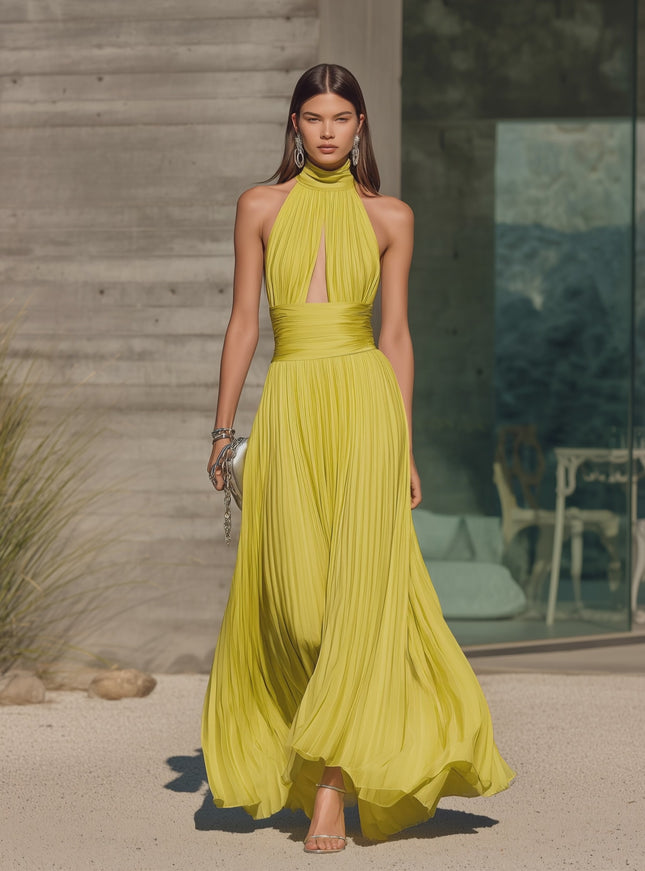 Elegant Sexy High-neck Solid Color Pleated Chiffon Maxi Dress