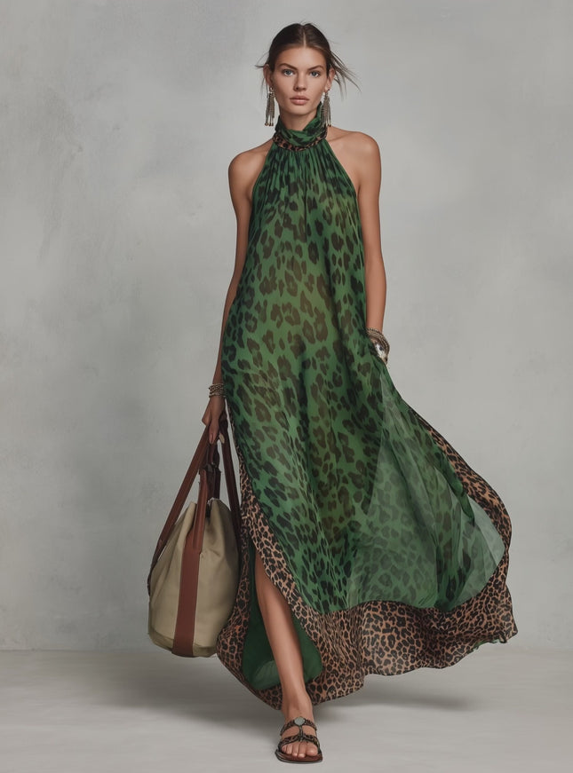 Retro Leopard Print Chiffon Halter Neck Maxi Dress